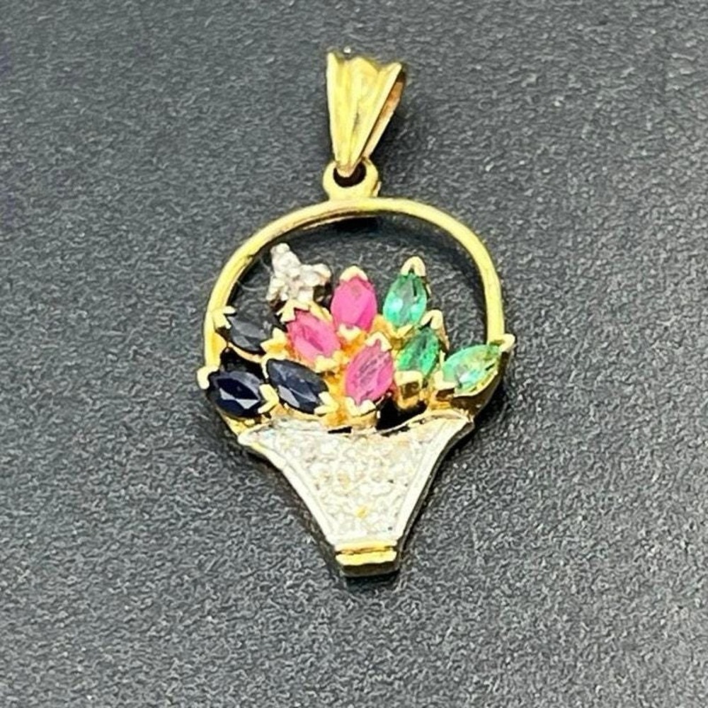 Yellow Gold Vtg 14K Sapphire Diamond Ruby Emerald Flower Bouquet Basket Pendant